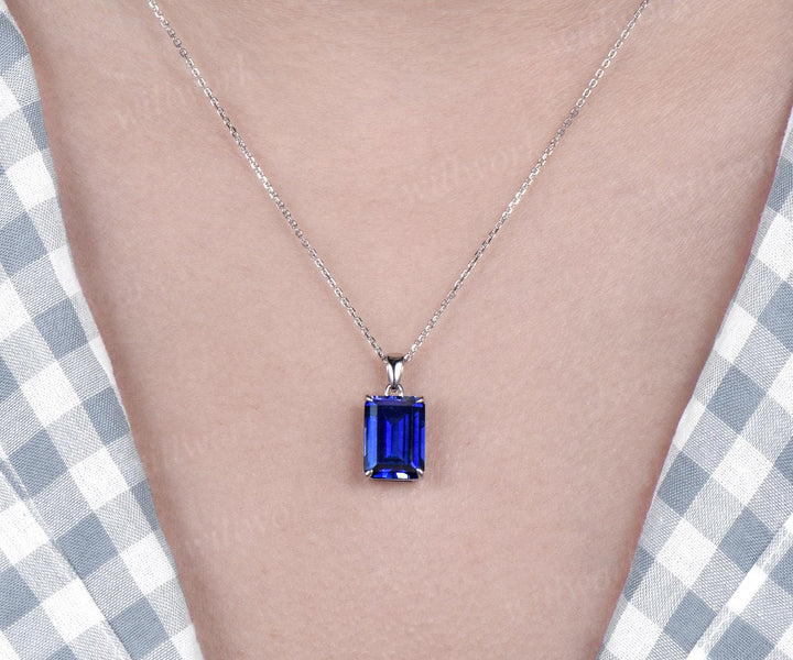 8ct emerald cut blue sapphire necklace solid 9k 14k 18k white gold solitaire pendant September birthstone anniversary bridal gift mother
