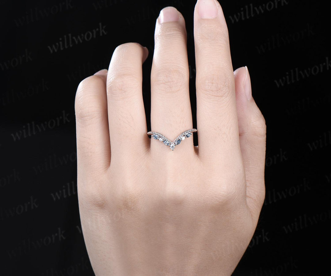 Marquise cut London blue topaz curved wedding band white gold art deco handmade stacking bridal ring women