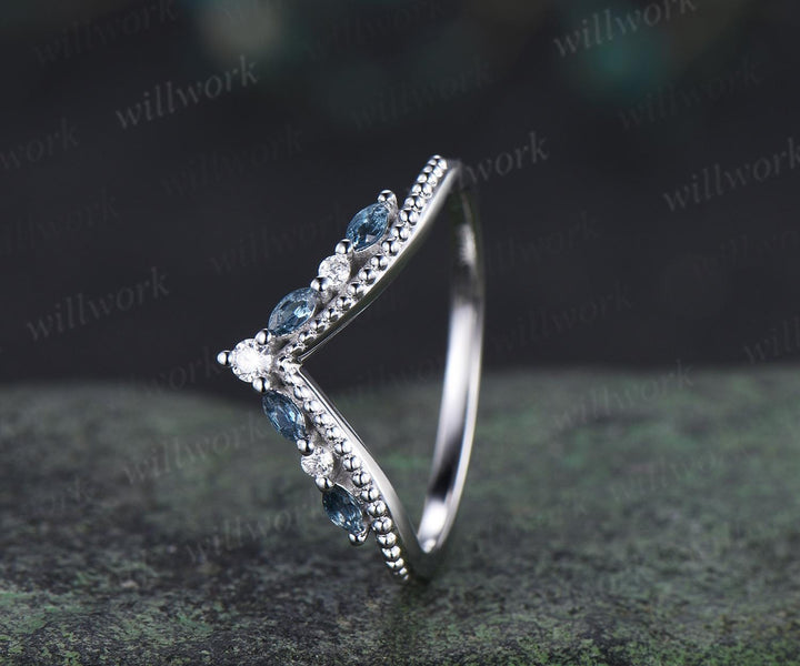 Marquise cut London blue topaz curved wedding band white gold art deco handmade stacking bridal ring women