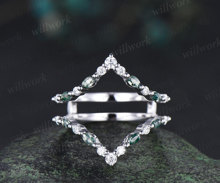 Marquise moss agate diamond wedding band enhancer wraps rose gold Double V curved stacking band band bridal ring women