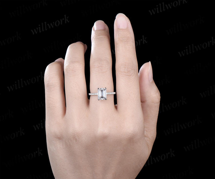 Vintage emerald cut lab grown diamond engagement ring 14k white gold engagement ring hidden halo unique promise wedding ring women jewelry