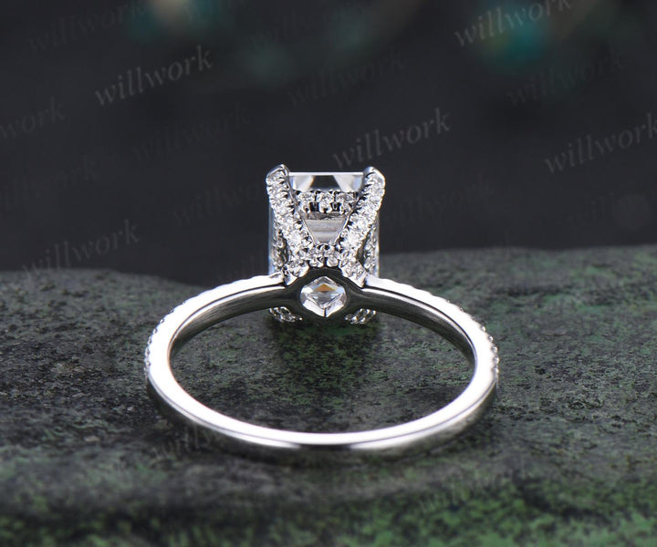 Vintage emerald cut lab grown diamond engagement ring 14k white gold engagement ring hidden halo unique promise wedding ring women jewelry