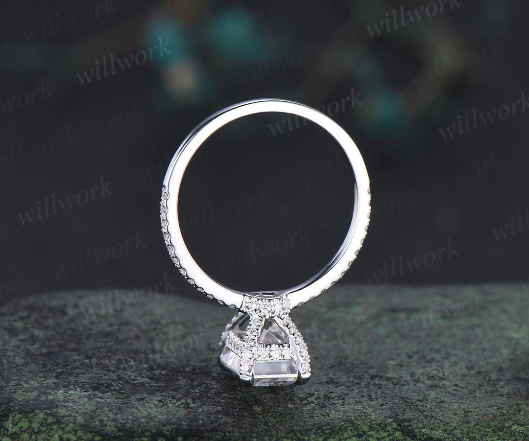 Vintage emerald cut lab grown diamond engagement ring 14k white gold engagement ring hidden halo unique promise wedding ring women jewelry