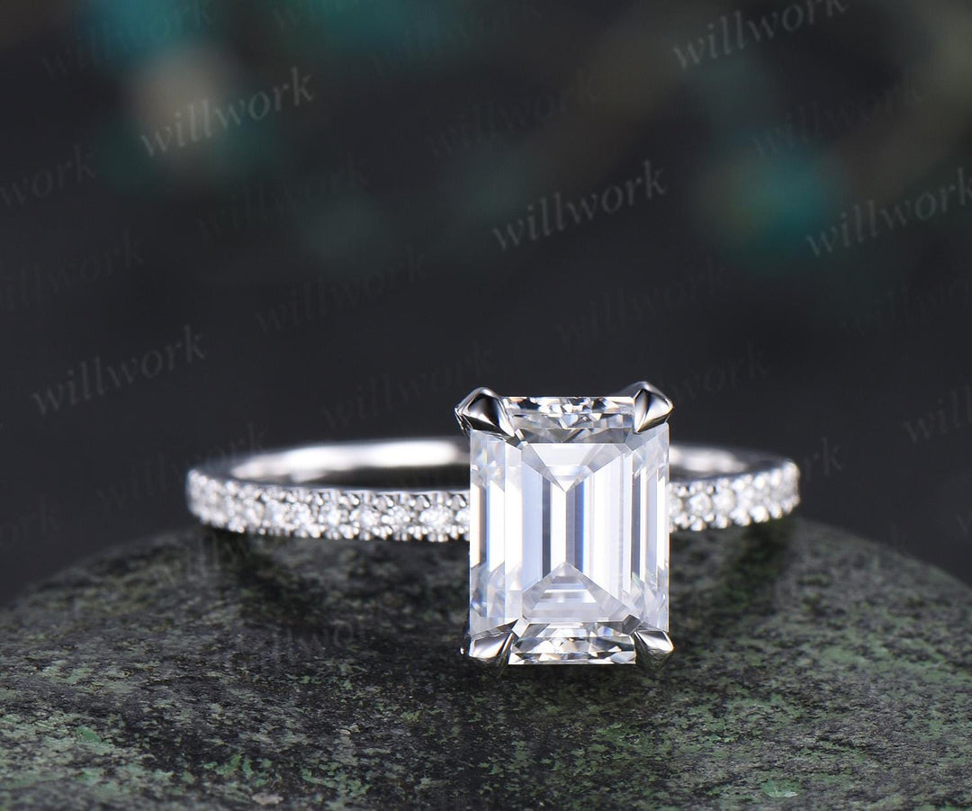 Vintage emerald cut lab grown diamond engagement ring 14k white gold engagement ring hidden halo unique promise wedding ring women jewelry