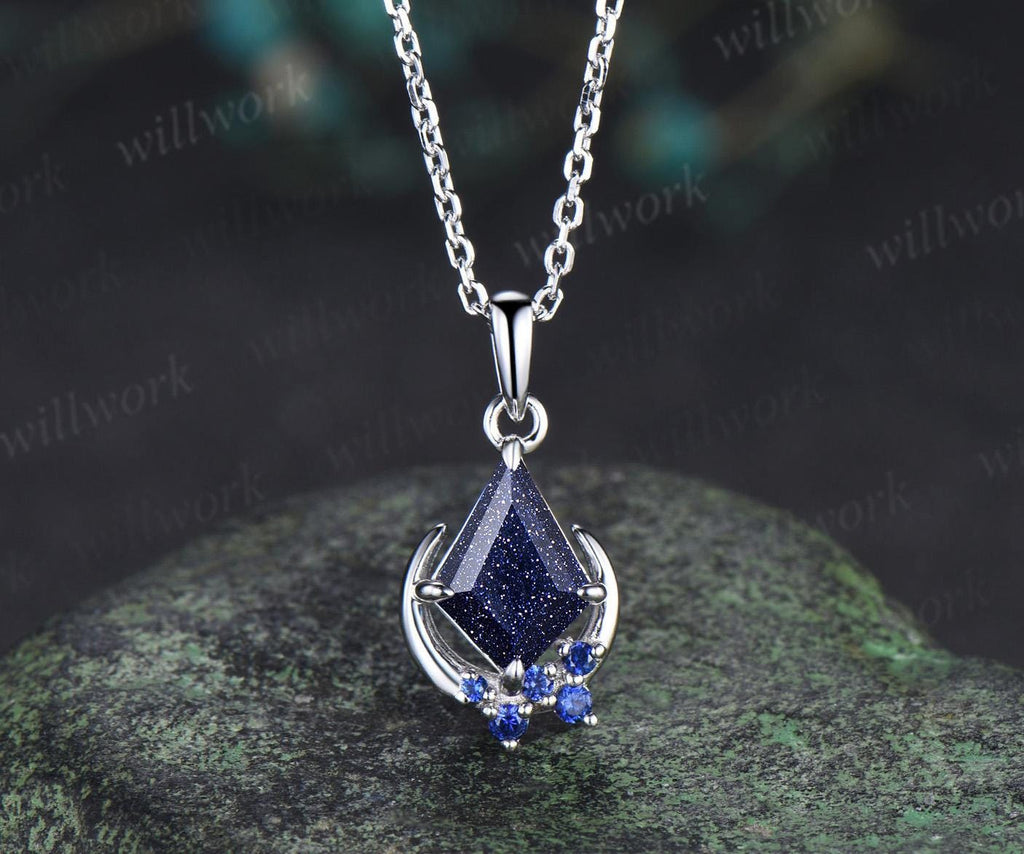 Kite cut blue sandstone necklace white gold vintage unique
