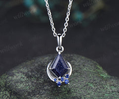 Kite cut blue sandstone necklace white gold vintage unique cluster moon pendant women her sapphire anniversary bridal gift mother