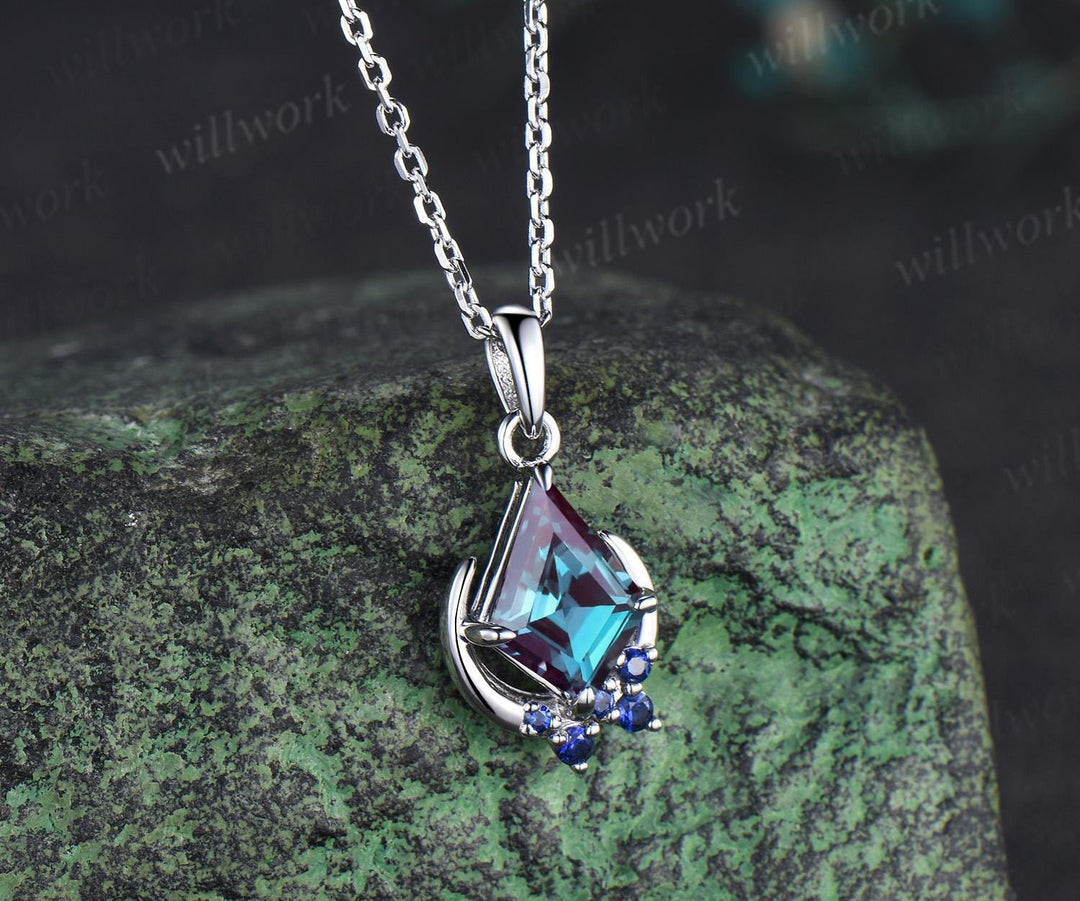 Kite cut Alexandrite necklace solid 14k 18k white gold vintage unique cluster moon sapphire pendant women her anniversary bridal gift mother
