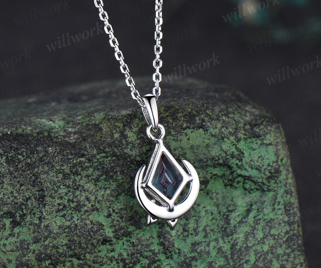 Kite cut Alexandrite necklace solid 14k 18k white gold vintage unique cluster moon sapphire pendant women her anniversary bridal gift mother