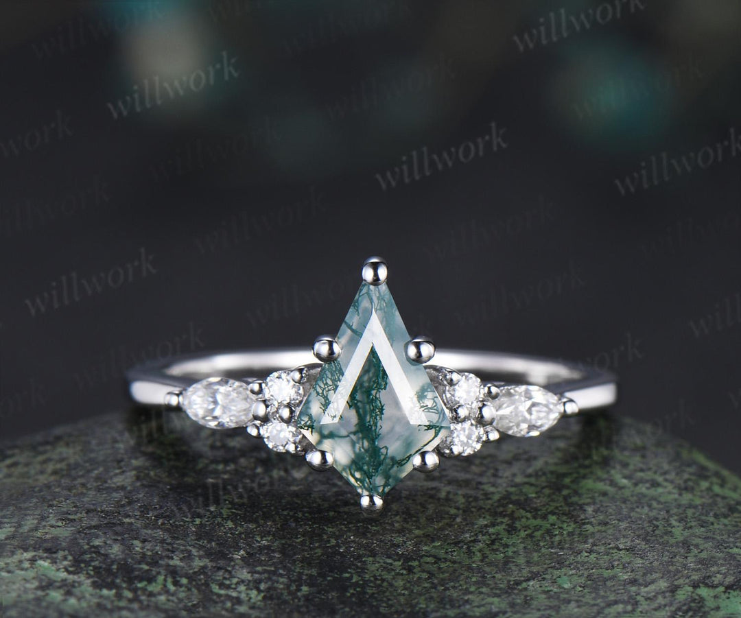 Kite cut natural moss agate engagement ring set moissanite emerald white gold ring leaf nature inspired wedding ring band bridal set
