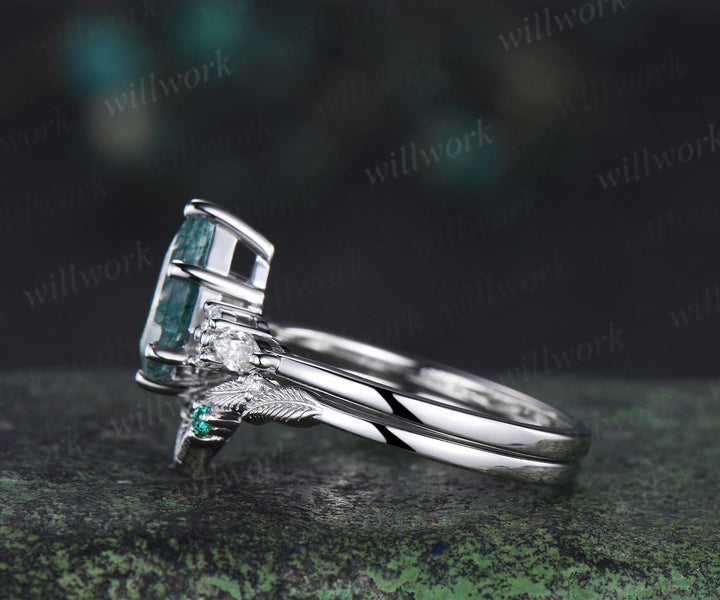 Kite cut natural moss agate engagement ring set moissanite emerald white gold ring leaf nature inspired wedding ring band bridal set