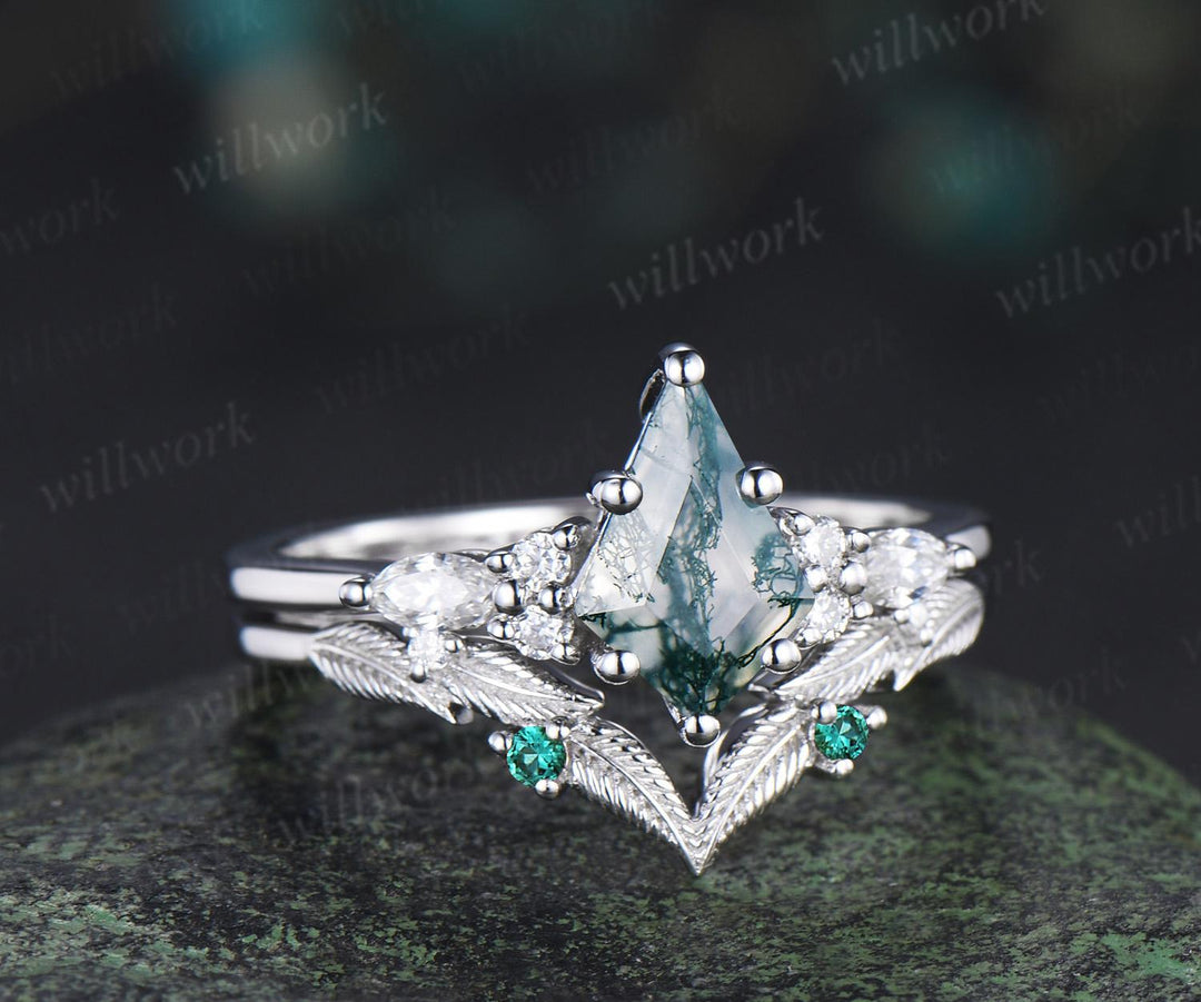 Kite cut natural moss agate engagement ring set moissanite emerald white gold ring leaf nature inspired wedding ring band bridal set