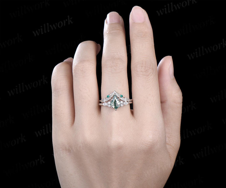 Kite cut natural moss agate engagement ring set moissanite emerald white gold ring leaf nature inspired wedding ring band bridal set