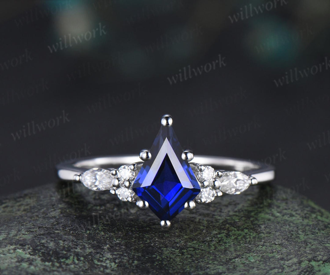 Kite cut blue sapphire engagement ring set moissanite vintage white gold ring leaf nature inspired wedding ring band retro bridal set