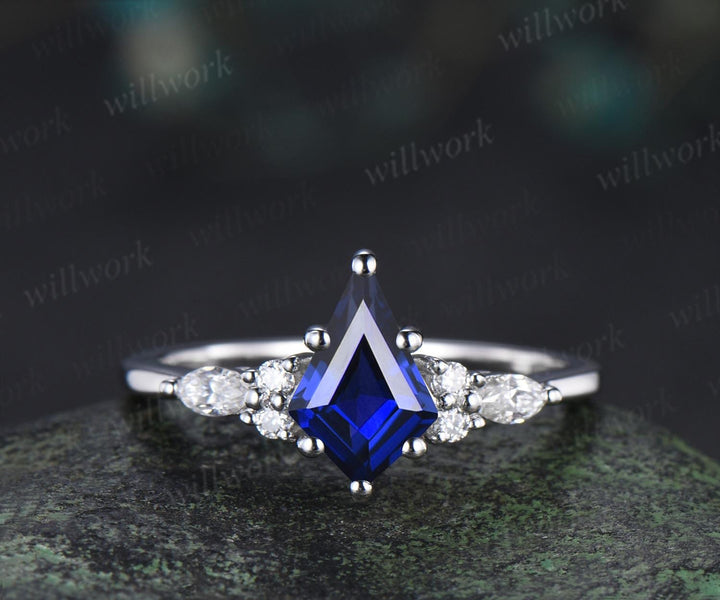 Kite cut blue sapphire engagement ring set moissanite vintage white gold ring leaf nature inspired wedding ring band retro bridal set
