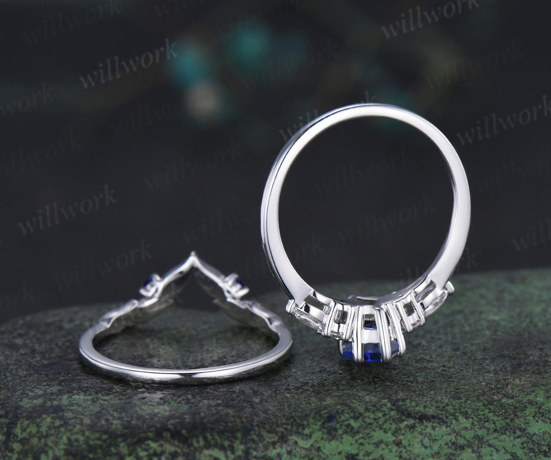 Kite cut blue sapphire engagement ring set moissanite vintage white gold ring leaf nature inspired wedding ring band retro bridal set