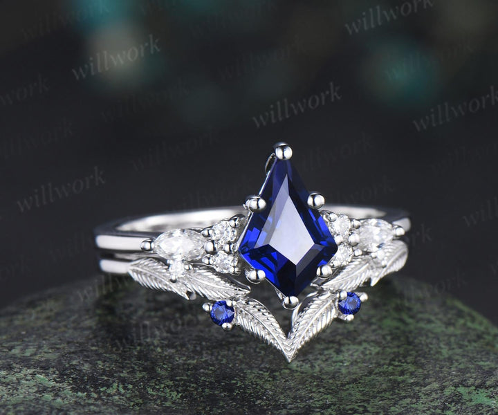 Kite cut blue sapphire engagement ring set moissanite vintage white gold ring leaf nature inspired wedding ring band retro bridal set