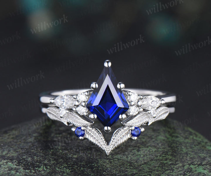 Kite cut blue sapphire engagement ring set moissanite vintage white gold ring leaf nature inspired wedding ring band retro bridal set