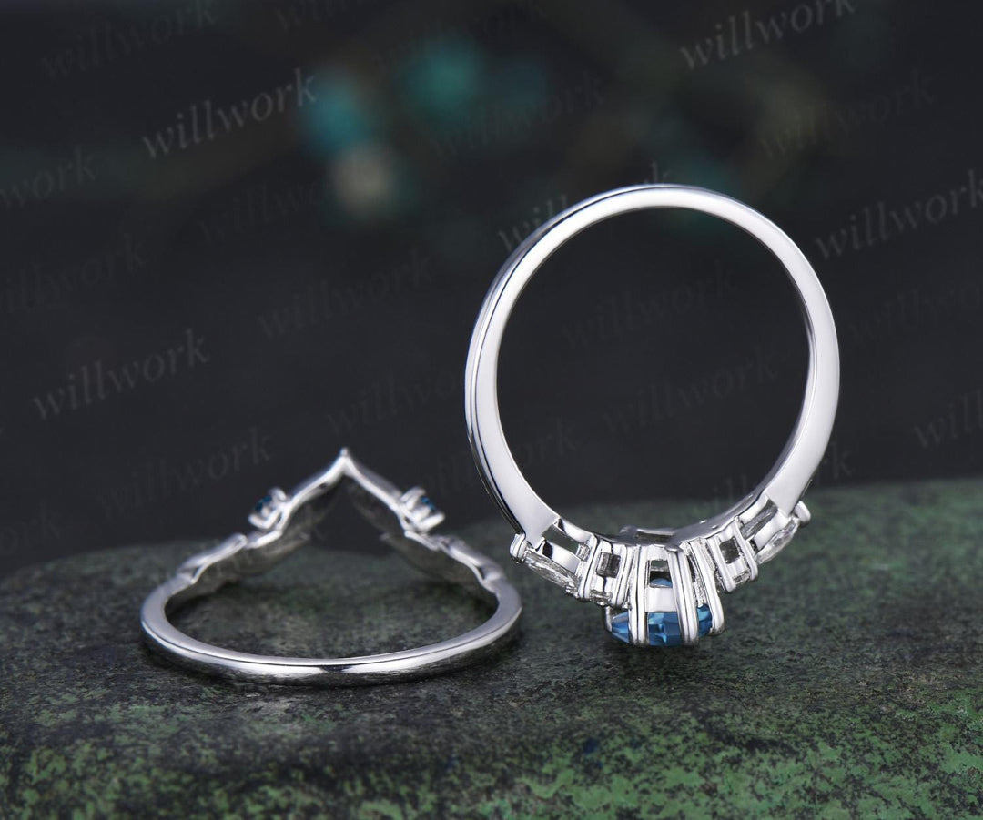 Kite cut London blue topaz engagement ring set moissanite art deco white gold ring leaf nature inspired unique wedding ring set jewelry