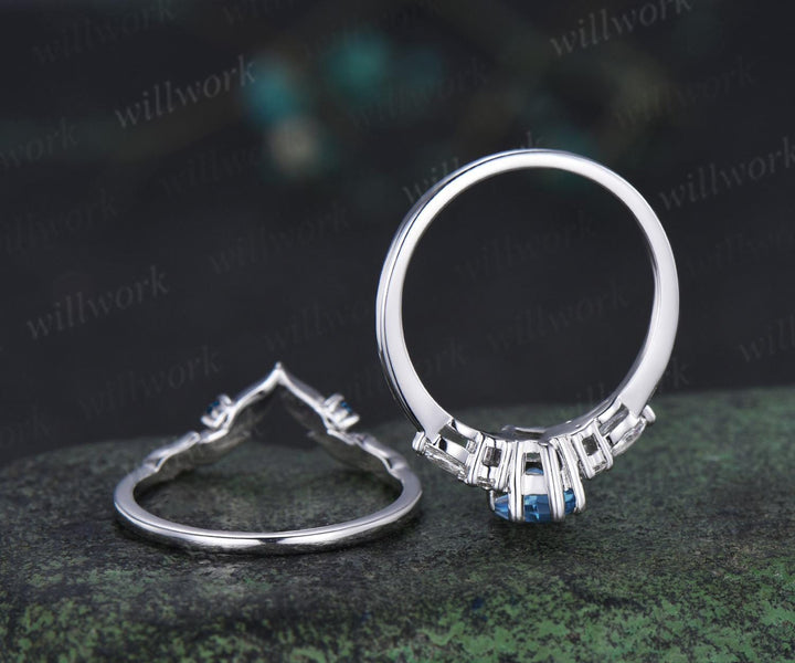 Kite cut London blue topaz engagement ring set moissanite art deco white gold ring leaf nature inspired unique wedding ring set jewelry