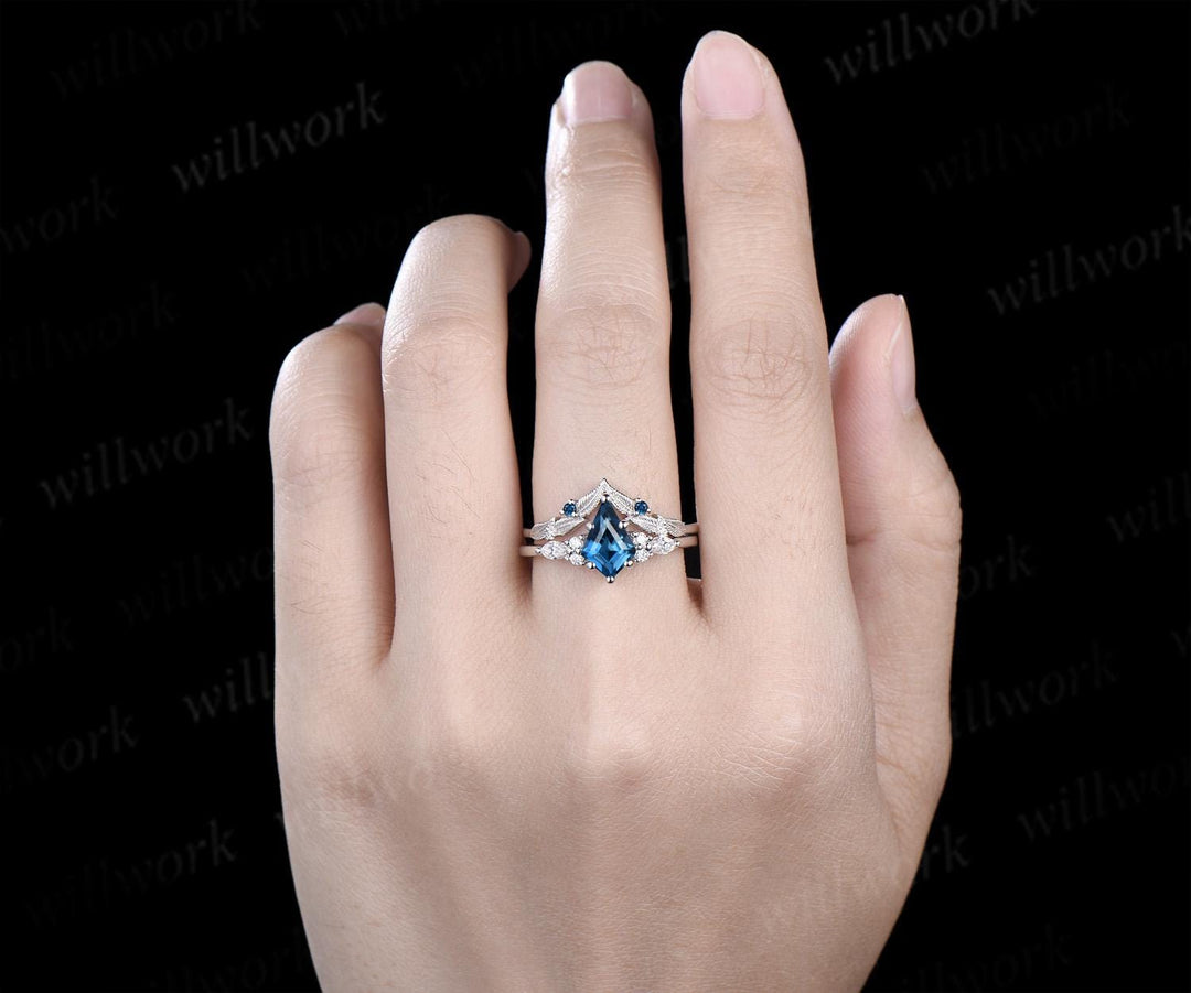 Kite cut London blue topaz engagement ring set moissanite art deco white gold ring leaf nature inspired unique wedding ring set jewelry
