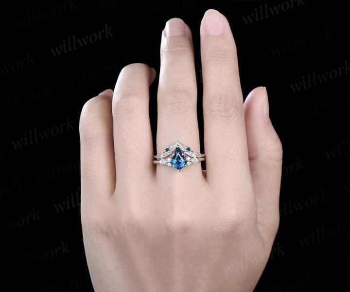 Kite cut London blue topaz engagement ring set moissanite art deco white gold ring leaf nature inspired unique wedding ring set jewelry