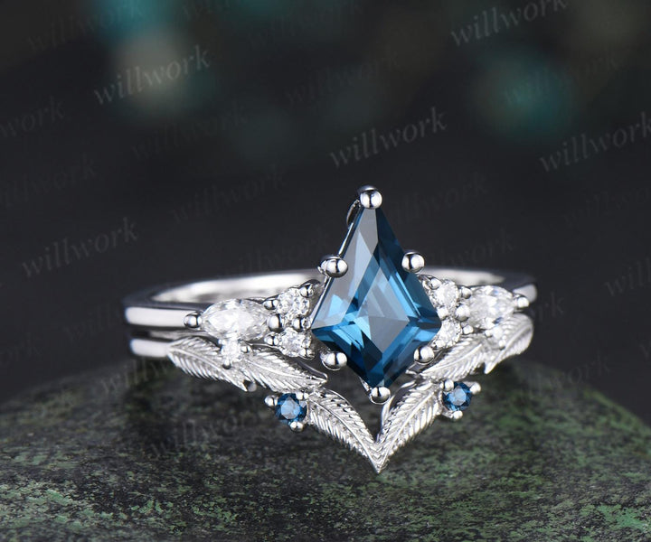 Kite cut London blue topaz engagement ring set moissanite art deco white gold ring leaf nature inspired unique wedding ring set jewelry