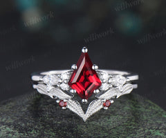 Kite cut red ruby ring vintage white gold unique leaf nature inspired engagement ring set handmade bridal set women jewelry