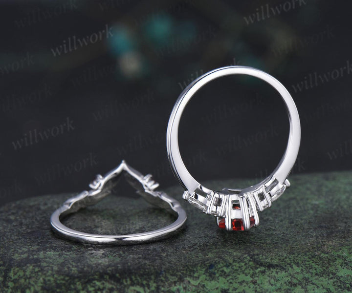 Kite cut red ruby ring vintage white gold unique leaf nature inspired engagement ring set handmade bridal set women jewelry