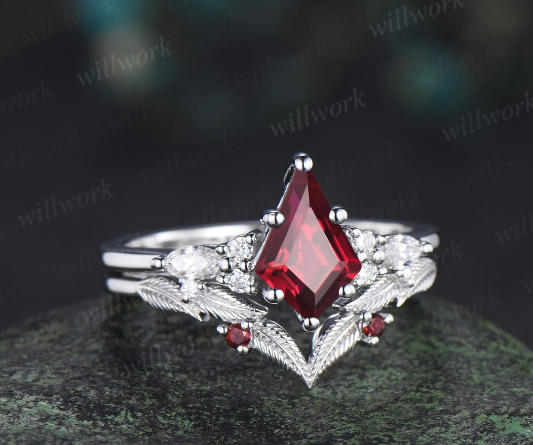 Kite cut red ruby ring vintage white gold unique leaf nature inspired engagement ring set handmade bridal set women jewelry
