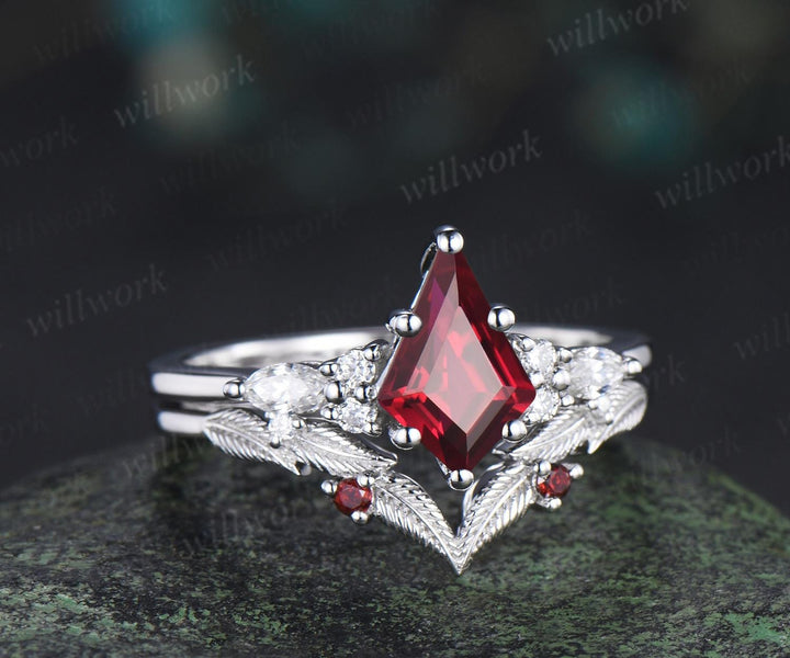 Kite cut red ruby ring vintage white gold unique leaf nature inspired engagement ring set handmade bridal set women jewelry