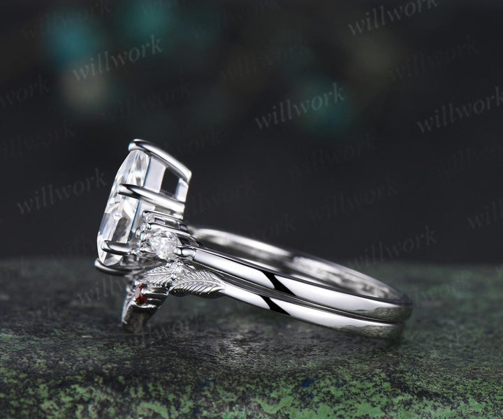 Kite cut moissanite ring vintage white gold unique leaf nature inspired engagement ring set handmade bridal set women jewelry