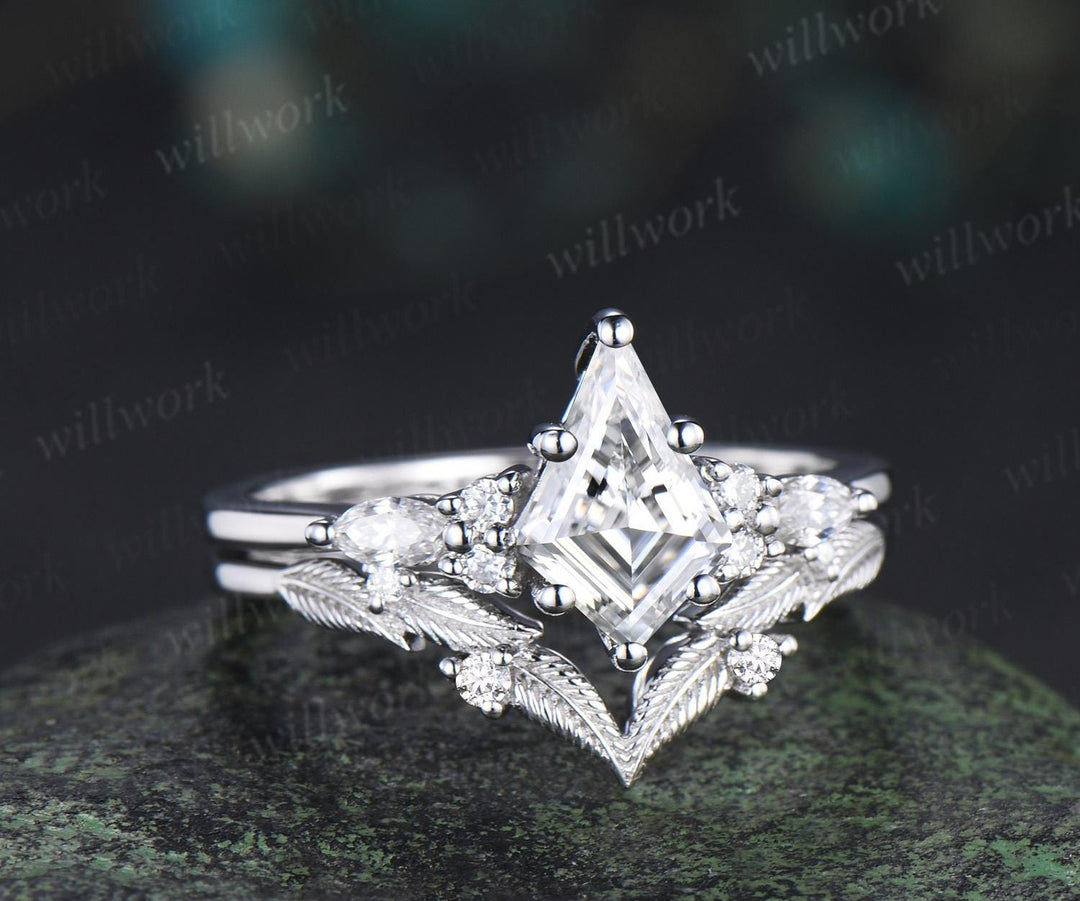 Kite cut moissanite ring vintage white gold unique leaf nature inspired engagement ring set handmade bridal set women jewelry