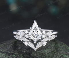 Kite cut moissanite ring vintage white gold unique leaf nature inspired engagement ring set handmade bridal set women jewelry