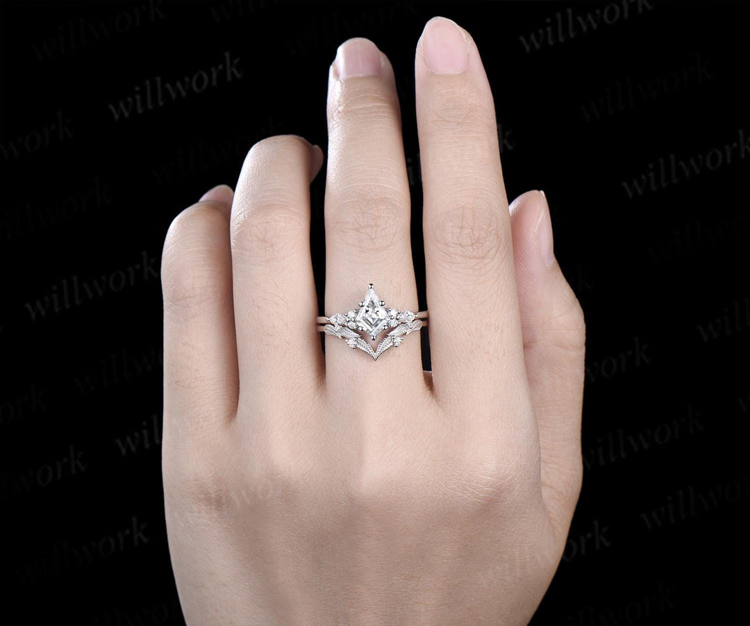 Kite cut moissanite ring vintage white gold unique leaf nature inspired engagement ring set handmade bridal set women jewelry