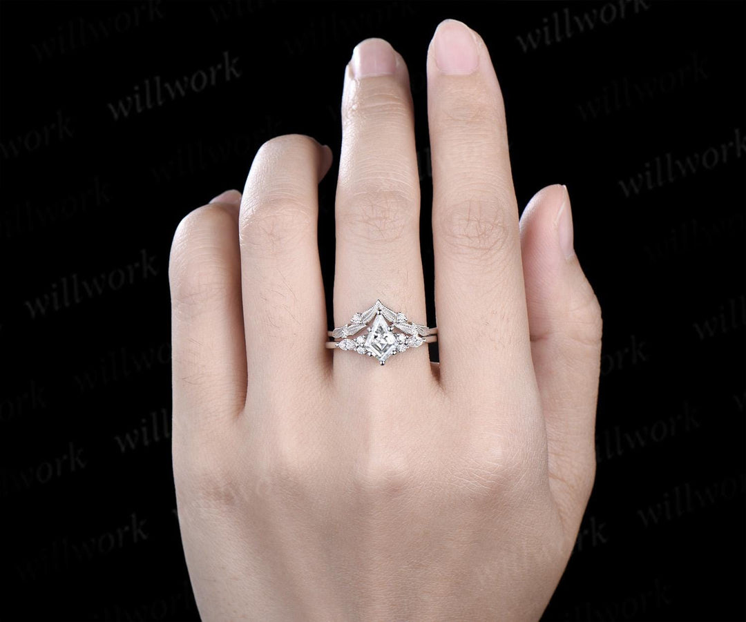 Kite cut moissanite ring vintage white gold unique leaf nature inspired engagement ring set handmade bridal set women jewelry