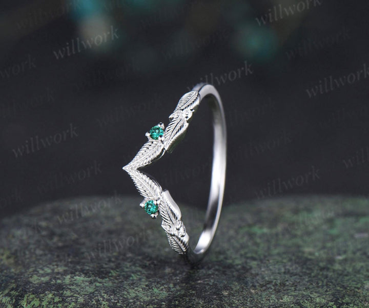Curved V shaped emerald leaf wedding band white gold moissanite nature inspired stacking bridal ring women