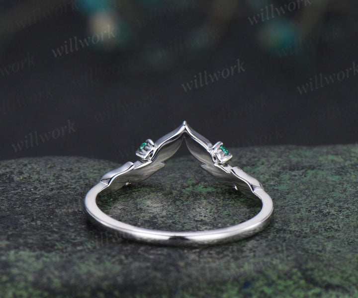 Curved V shaped emerald leaf wedding band white gold moissanite nature inspired stacking bridal ring women