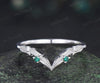 Curved V shaped emerald leaf wedding band white gold moissanite nature inspired stacking bridal ring women