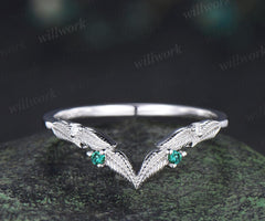 Curved V shaped emerald leaf wedding band white gold moissanite nature inspired stacking bridal ring women