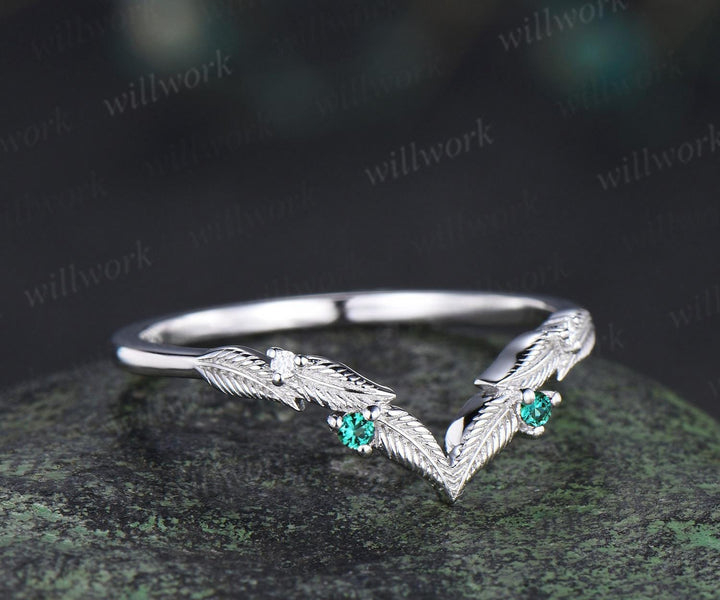 Curved V shaped emerald leaf wedding band white gold moissanite nature inspired stacking bridal ring women