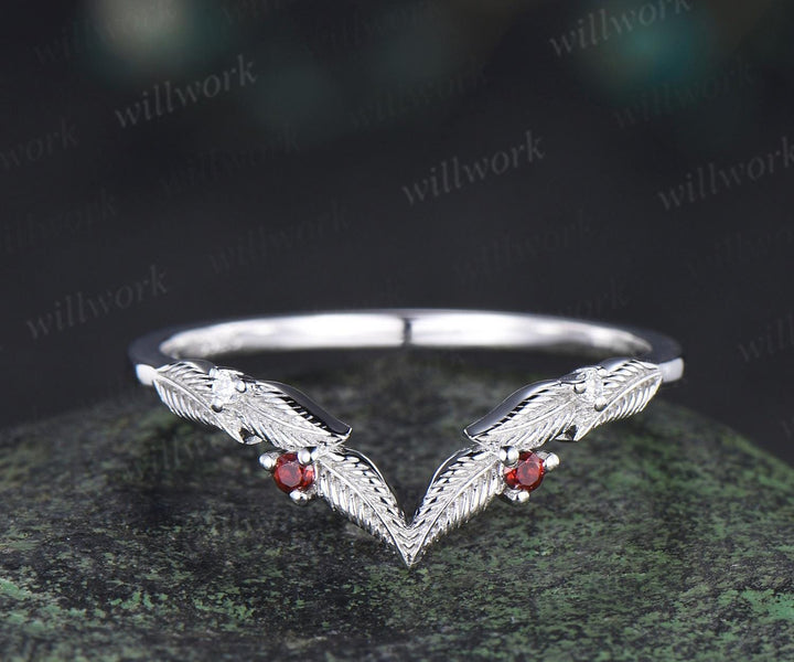 Curved V shaped garnet leaf wedding band white gold moissanite nature inspired stacking bridal ring women