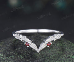 Curved V shaped garnet leaf wedding band white gold moissanite nature inspired stacking bridal ring women