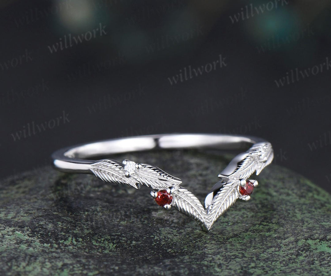 Curved V shaped garnet leaf wedding band white gold moissanite nature inspired stacking bridal ring women