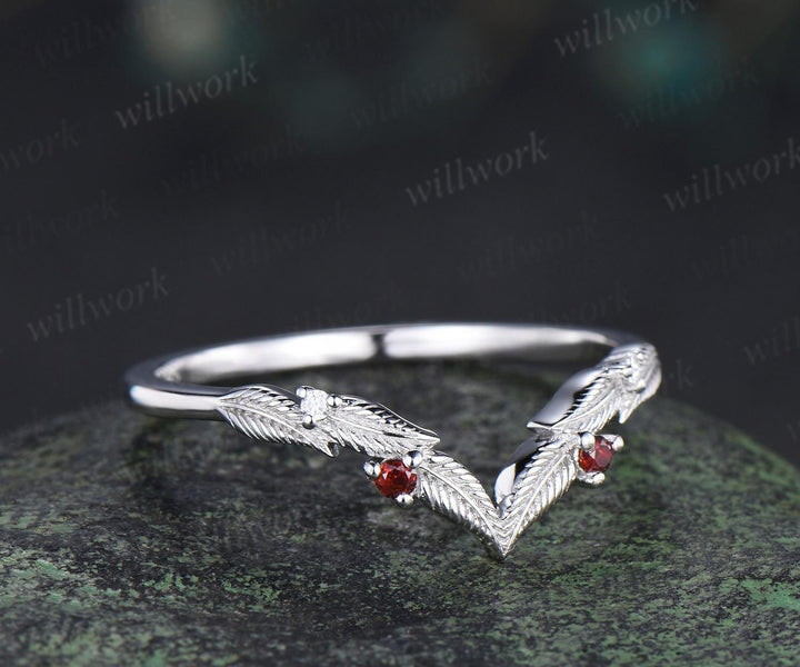 Curved V shaped garnet leaf wedding band white gold moissanite nature inspired stacking bridal ring women