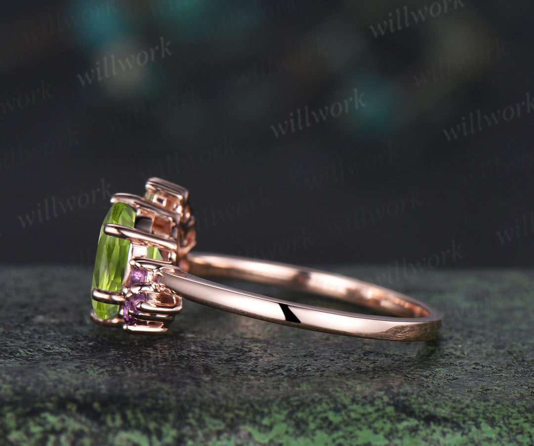Oval cut peridot engagement ring 14k rose gold 6 prong cluster amethyst ring women anniversary gift for her August birthstone ring silver