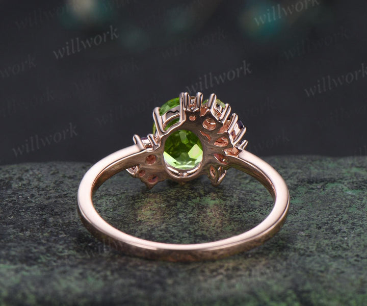 Oval cut peridot engagement ring 14k rose gold 6 prong cluster amethyst ring women anniversary gift for her August birthstone ring silver
