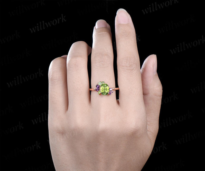 Oval cut peridot engagement ring 14k rose gold 6 prong cluster amethyst ring women anniversary gift for her August birthstone ring silver