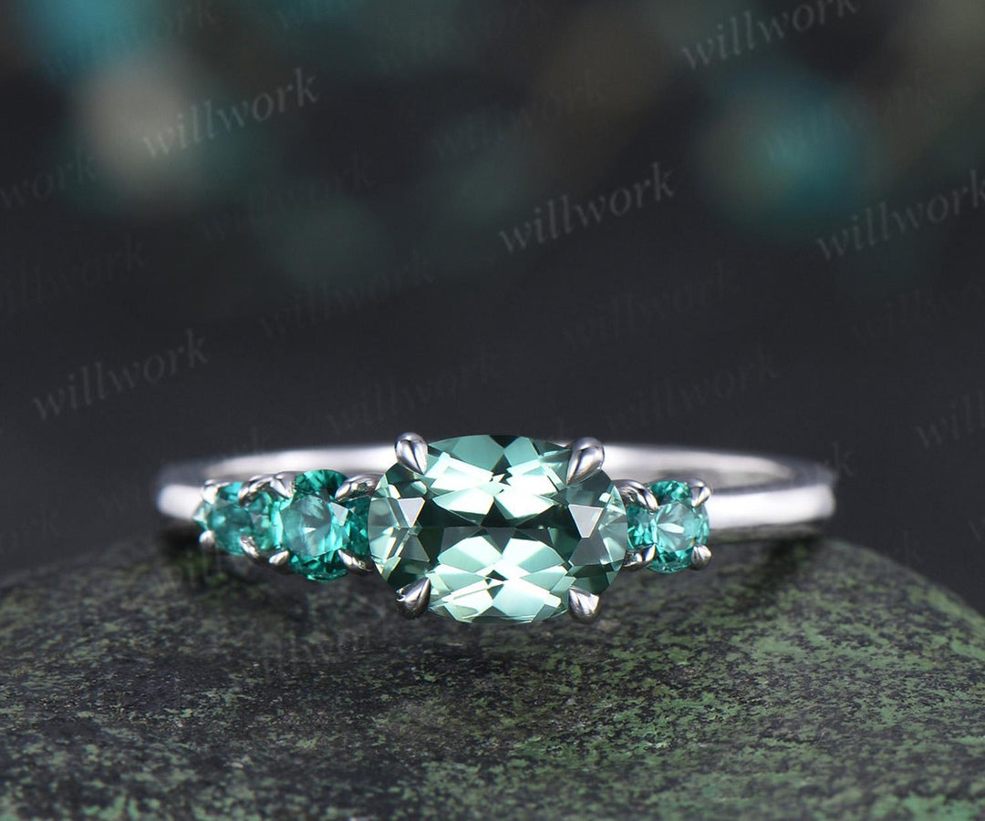 1ct green sapphire emerald engagement ring oval cut 14k white gold east to west unique promise wedding ring women four stone ring silver