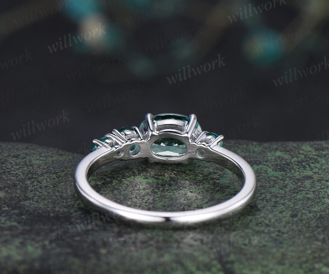 1ct green sapphire emerald engagement ring oval cut 14k white gold east to west unique promise wedding ring women four stone ring silver