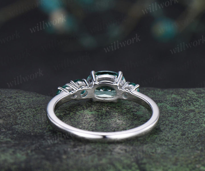 1ct green sapphire emerald engagement ring oval cut 14k white gold east to west unique promise wedding ring women four stone ring silver